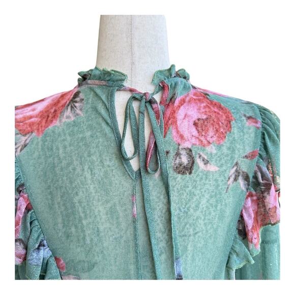 Know.One.Cares Green Top Floral Ruffle Long Sleeve Semi Sheer Shirt Couquette  S - Picture 5 of 13